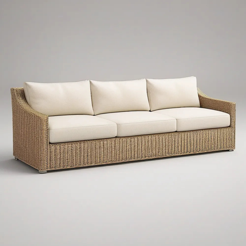 Sofá de jardim de 3 lugares em vime PE bege com almofadas creme, 240 x 90 x 75 cm