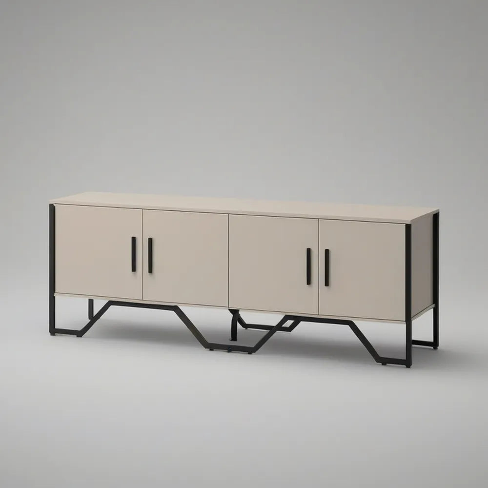 Móvel de TV Retangular com 4 Portas em MDF Bege e Aço Preto, 160 x 40 x 75 cm