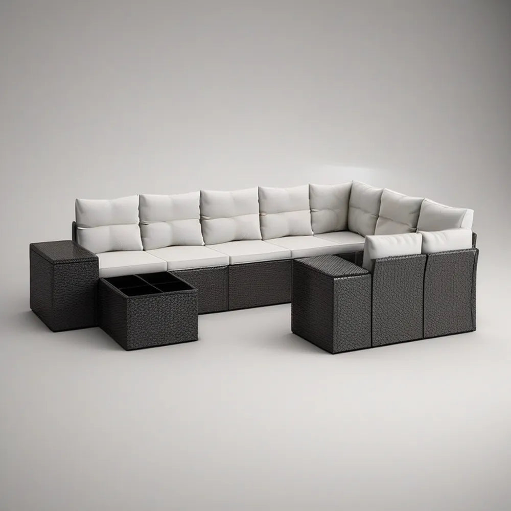 Conjunto Modular de Exterior em L com Mesa de Centro, Vime PE Preto e Almofadas Cinzento-Claro, 300 x 220 x 85 cm