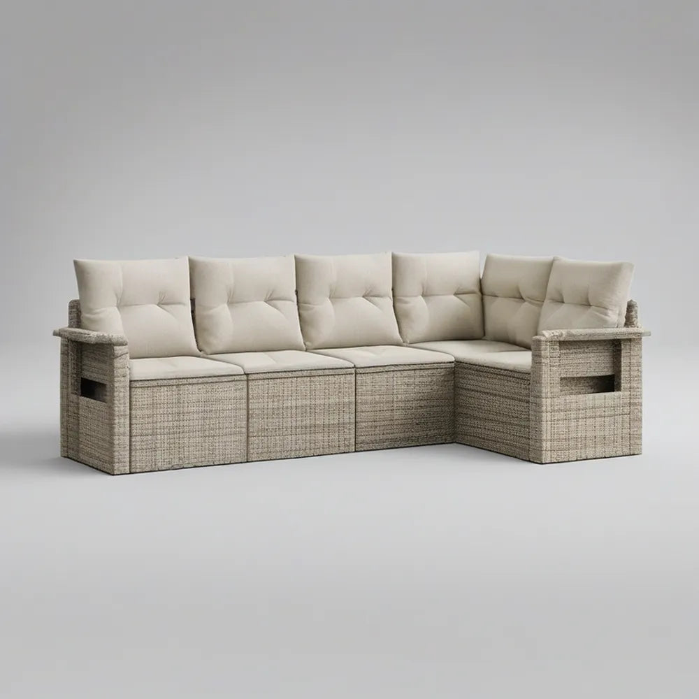 Sofá de Jardim Modular de Canto para 5 Lugares em Vime PE Bege, 280 x 210 x 70 cm