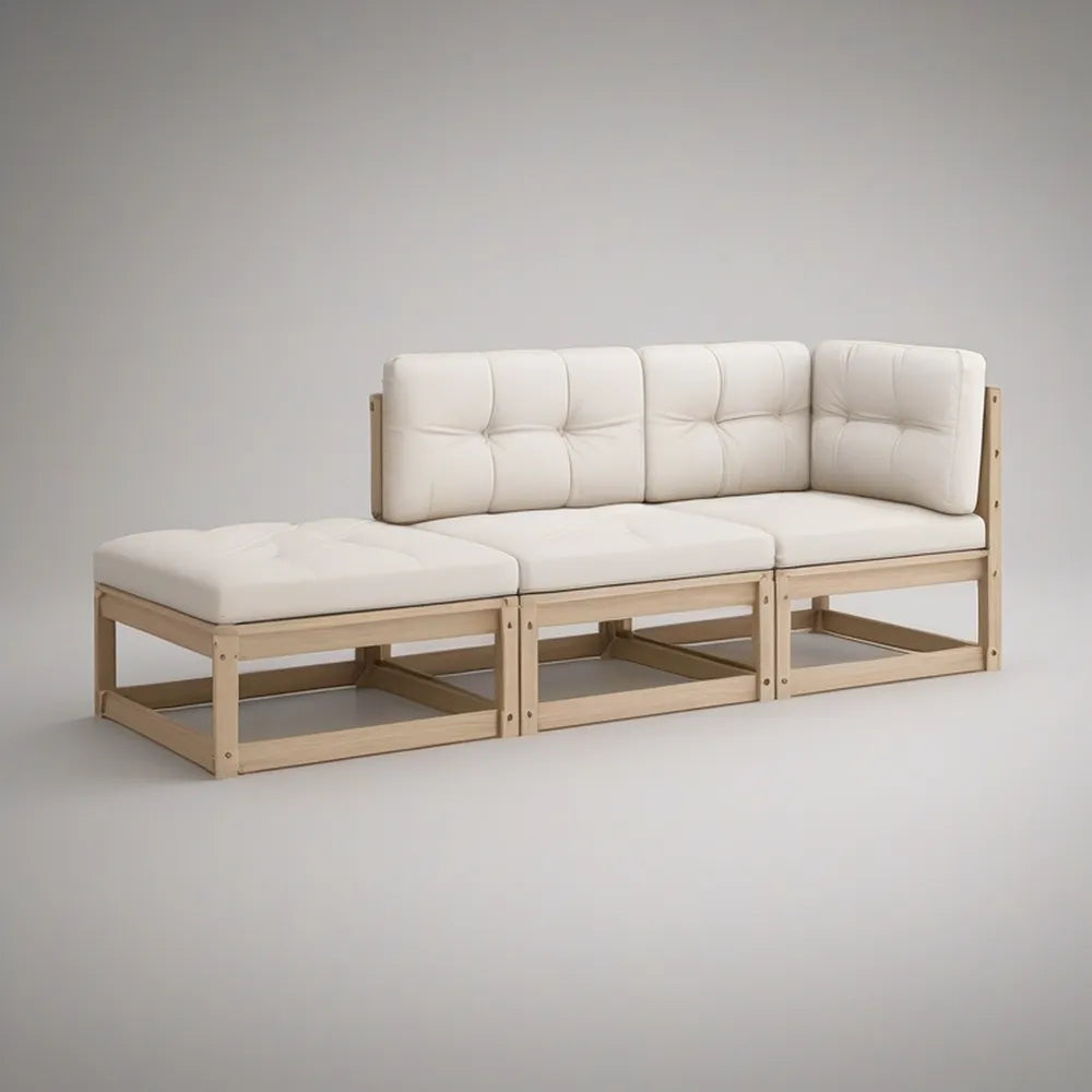 Conjunto Modular em L de 3 Lugares com Chaise Longue Esquerda em Pinho Natural e Bege-Claro, 240 x 140 x 75 cm