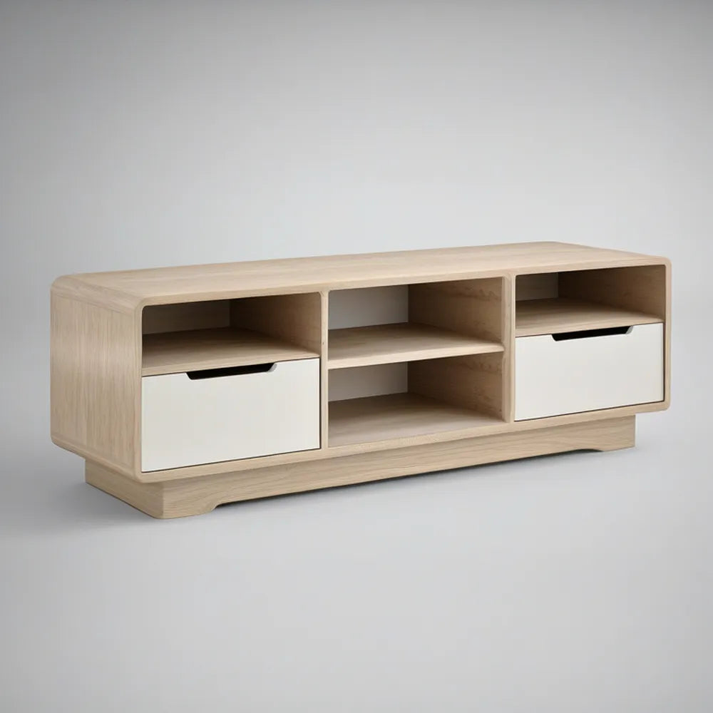 Móvel de TV com 2 Gavetas e 3 Prateleiras em Carvalho Natural e Branco Mate 160 x 40 x 55 cm