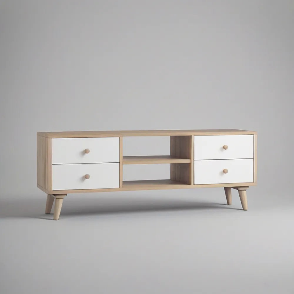 Móvel de TV com 4 Gavetas e 2 Prateleiras em Branco e Carvalho Claro, 160 x 40 x 60 cm