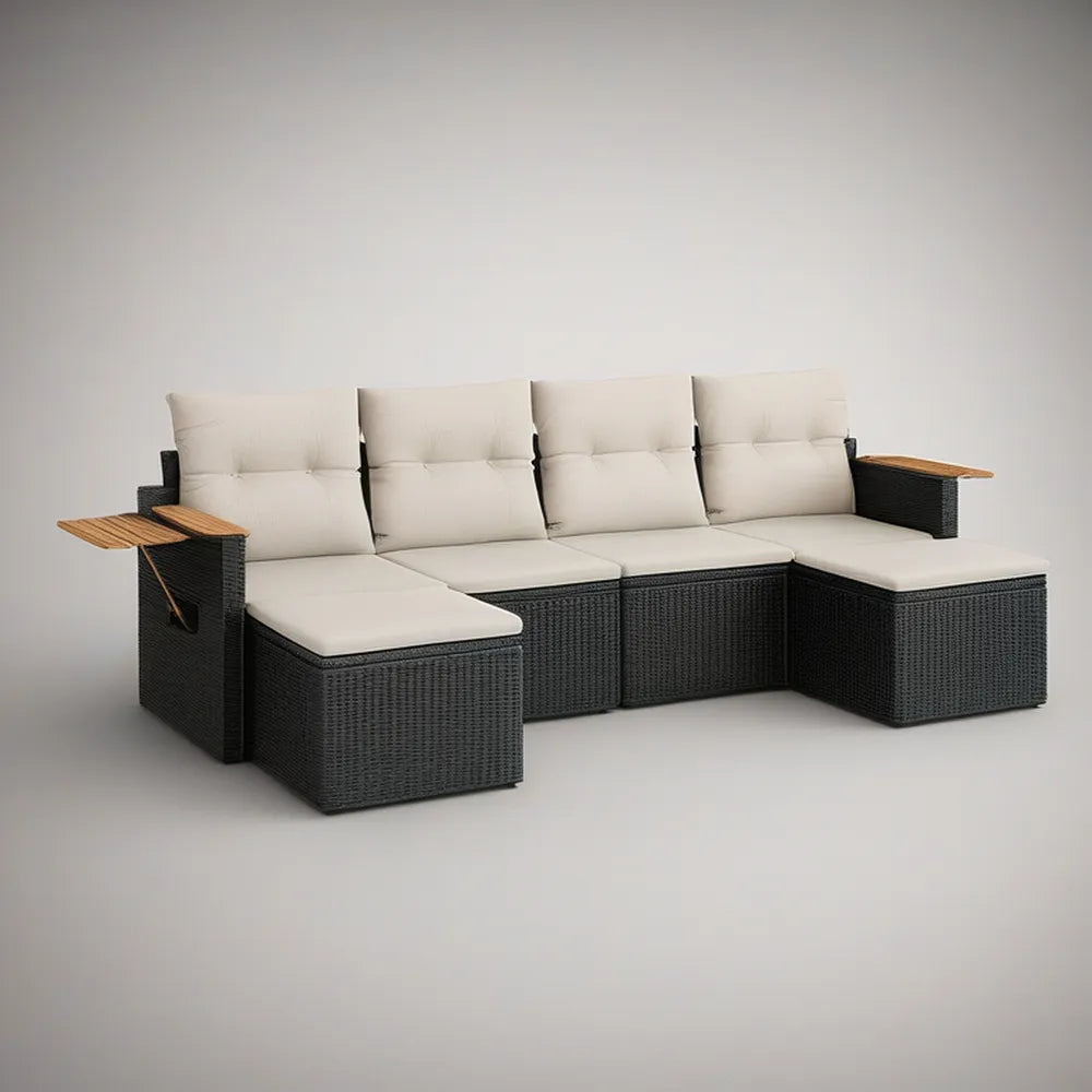 Sofá Modular de Jardim Angular para 4 Lugares em Rattan PE Preto com Almofadas Bege, 280 x 75 x 80 cm