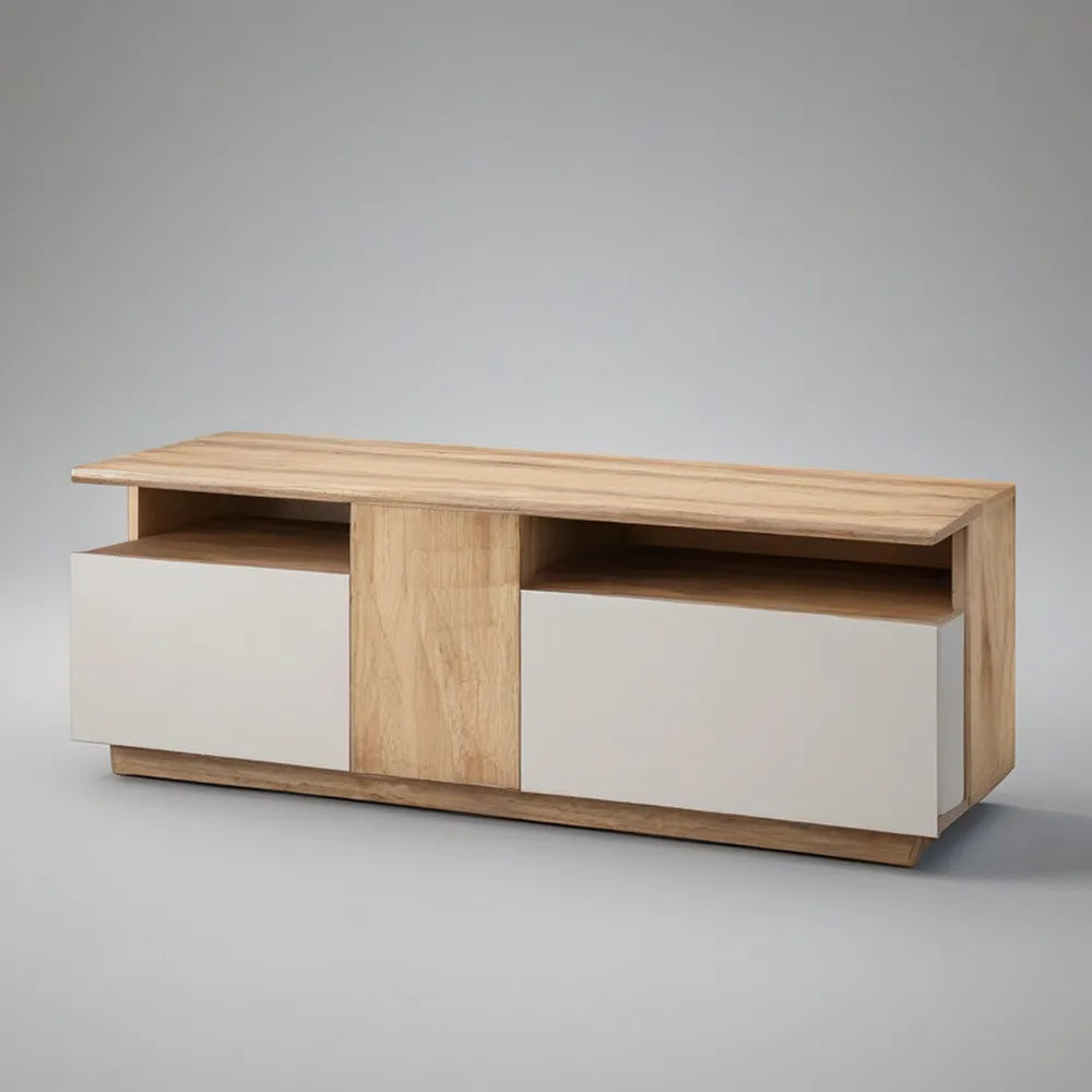 Móvel baixo em MDF com 2 gavetas e 2 nichos, Carvalho Natural e Branco, 160 x 40 x 55 cm