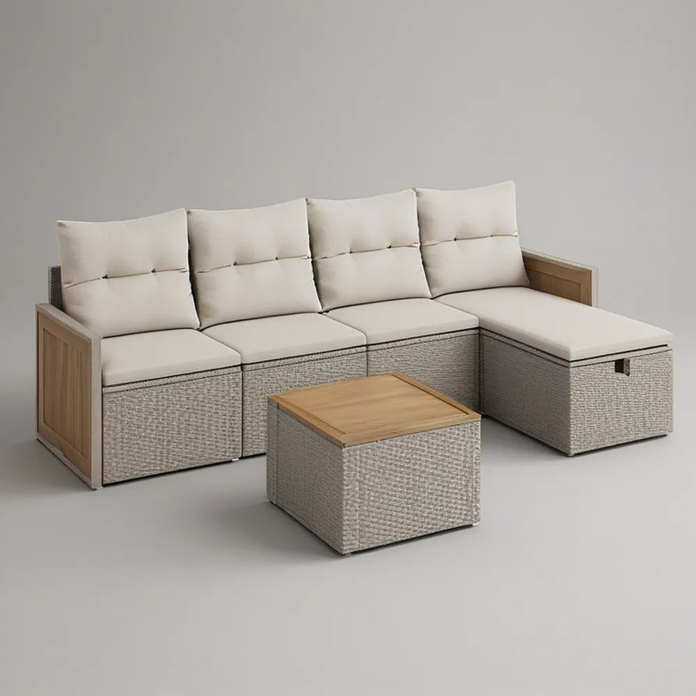 Conjunto Modular de Jardim em L Cinzento, Bege e Madeira Natural com Mesa – 250 x 160 x 78 cm