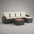 Conjunto modular em L para exterior 250 x 190 x 85 cm em rattan PE cinzento-escuro com almofadas bege e mesa com tampo castanho