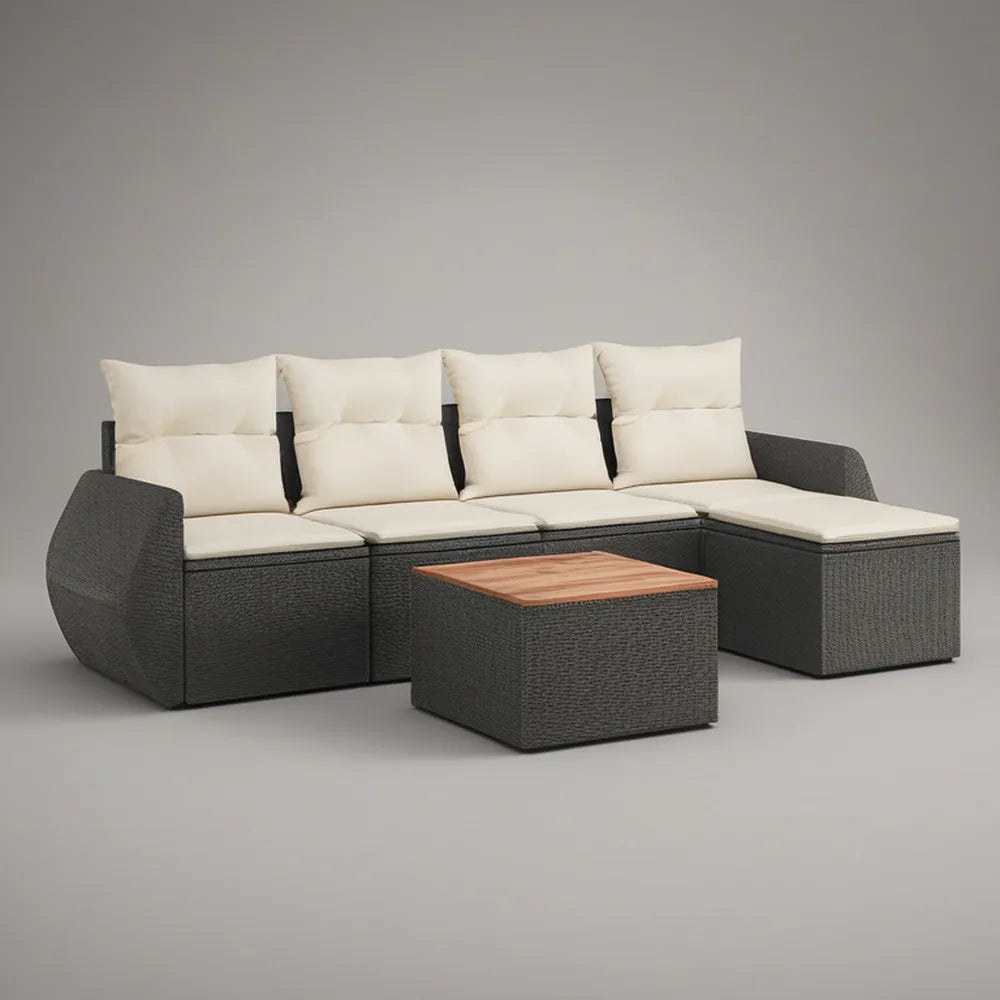 Conjunto modular em L para exterior 250 x 190 x 85 cm em rattan PE cinzento-escuro com almofadas bege e mesa com tampo castanho