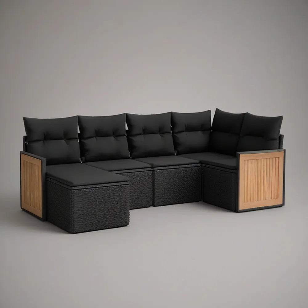 Sofá de Canto Modular para Jardim em Vime PE Preto com Painéis de Acácia, 265 x 205 x 85 cm