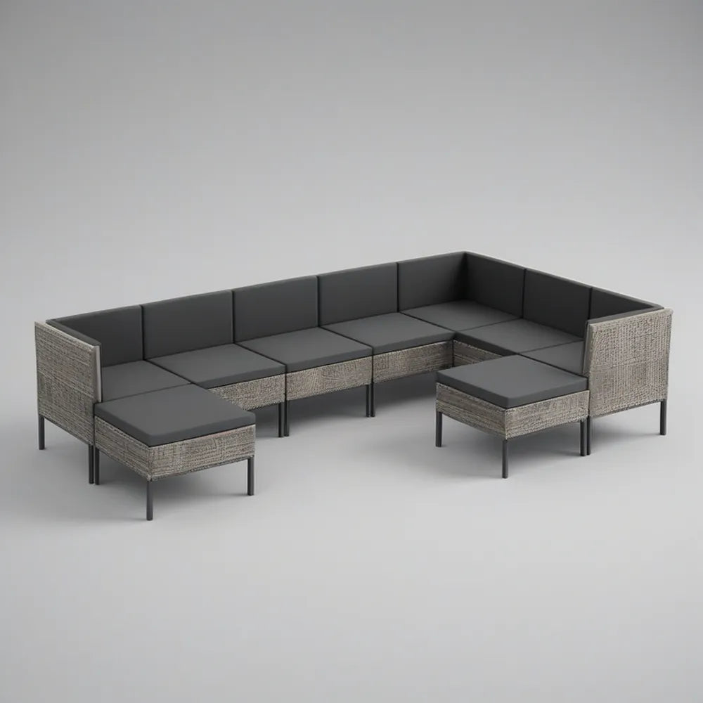 Conjunto modular em U para exterior com 2 bancos, 285 x 210 x 70 cm, rattan PE cinzento e almofadas antracite