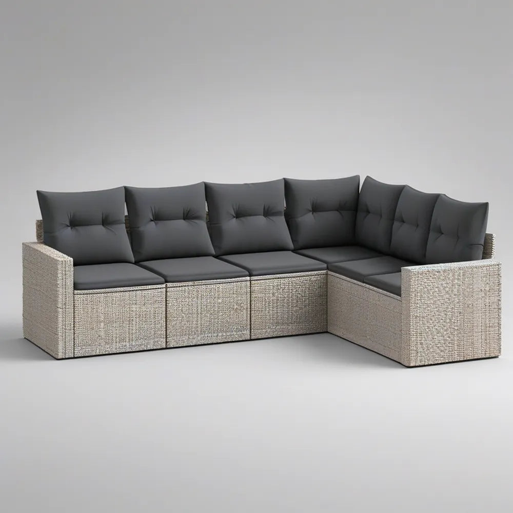 Sofá de Canto Modular para Jardim, 5 Lugares, Vime PE Bege e Almofadas Cinzento-Antracite, 280 x 210 x 70 cm