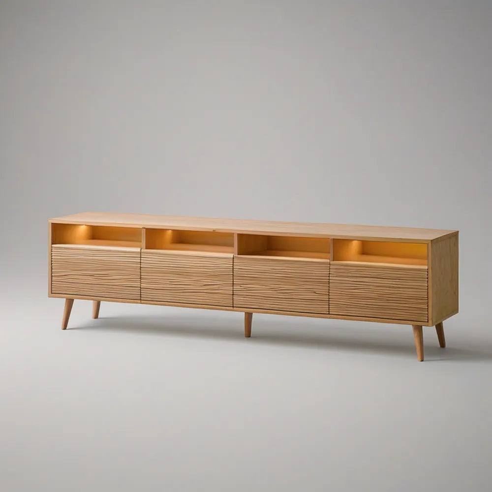 Móvel de TV Retangular em MDF Folheado a Carvalho com 4 Gavetas e Iluminação LED, 180 x 40 x 65 cm, Castanho-claro